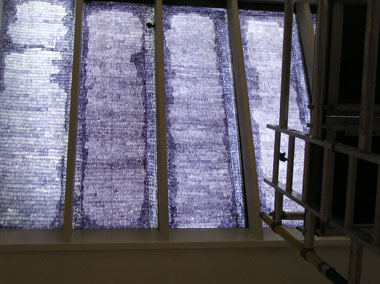 Fiona Larkin:  The Lengths some people go to , 2006, installation (site-specific drawing, 4.2m scaffolding, photo, pane of glass); courtesy the artist